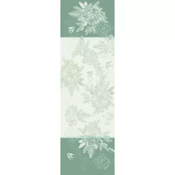 Chemin de table pur coton antitache motif jacquard vert Jardin de pivoines vert