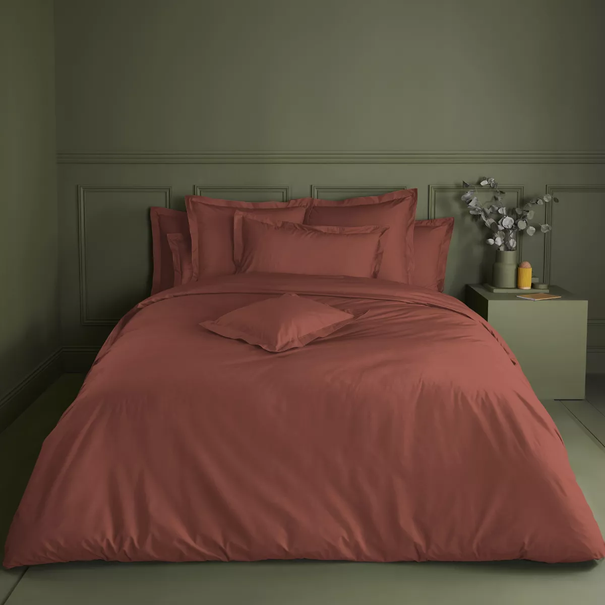 Housse de couette percale de coton uni rouge orange La percale francaise rouille