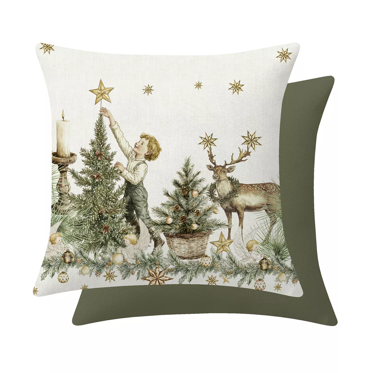 Housse de coussin lin & coton 165 g/m² imprimé vert jaune Noel vintage dore