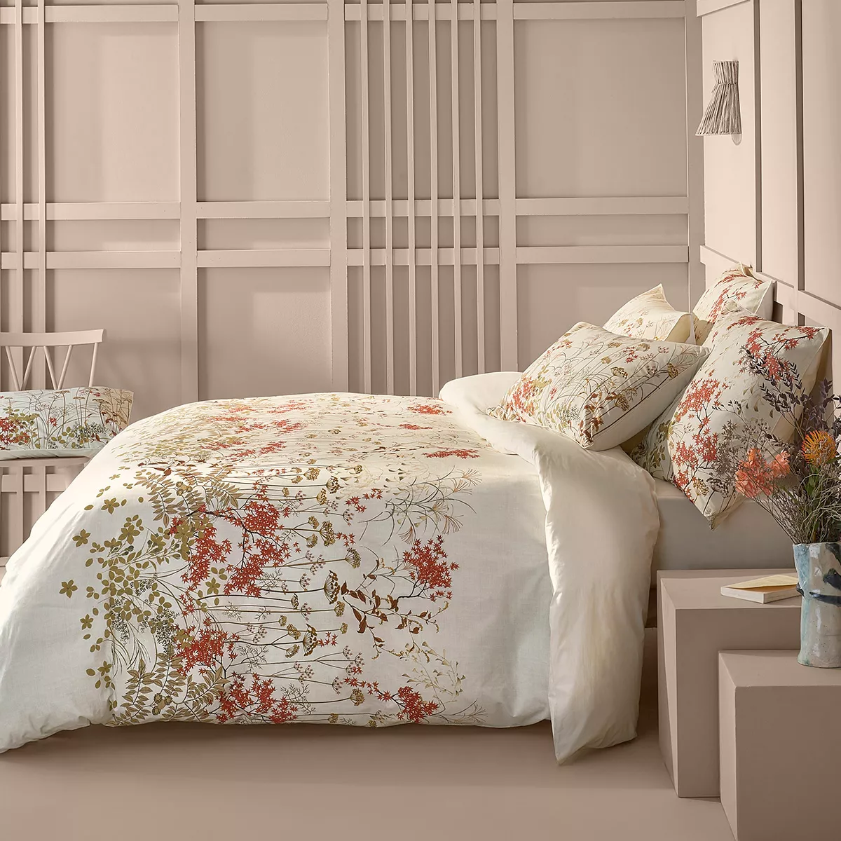 Lot h.couette +taies percale de coton imprimé orange beige Erables automne