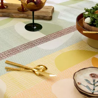 Set pur coton enduit 205 g/m² motif jacquard orange vert Mille galets terre cuite