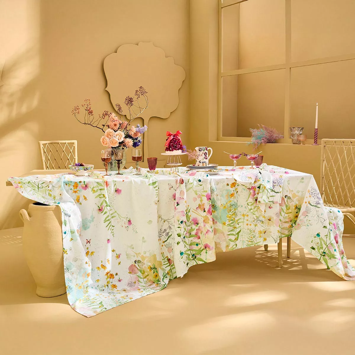 Nappe lin & coton lavé 150 g/m² imprimé vert rose Rosee du matin printemps