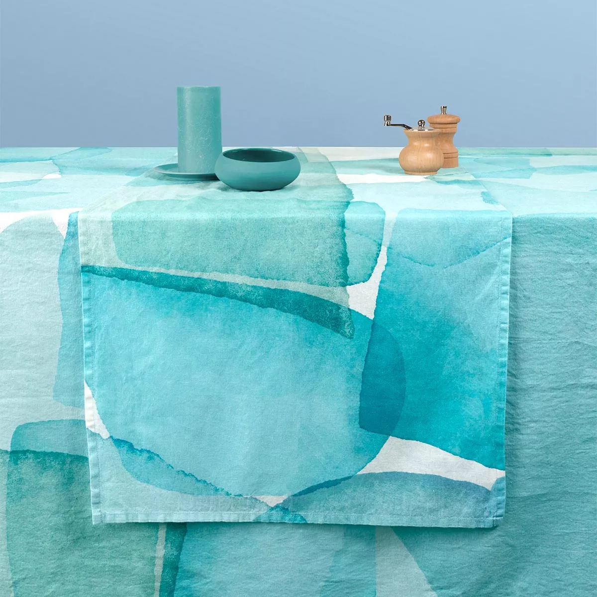 Chemin de table lin & coton lavé 150 g/m² imprimé vert bleu Aqua mineral