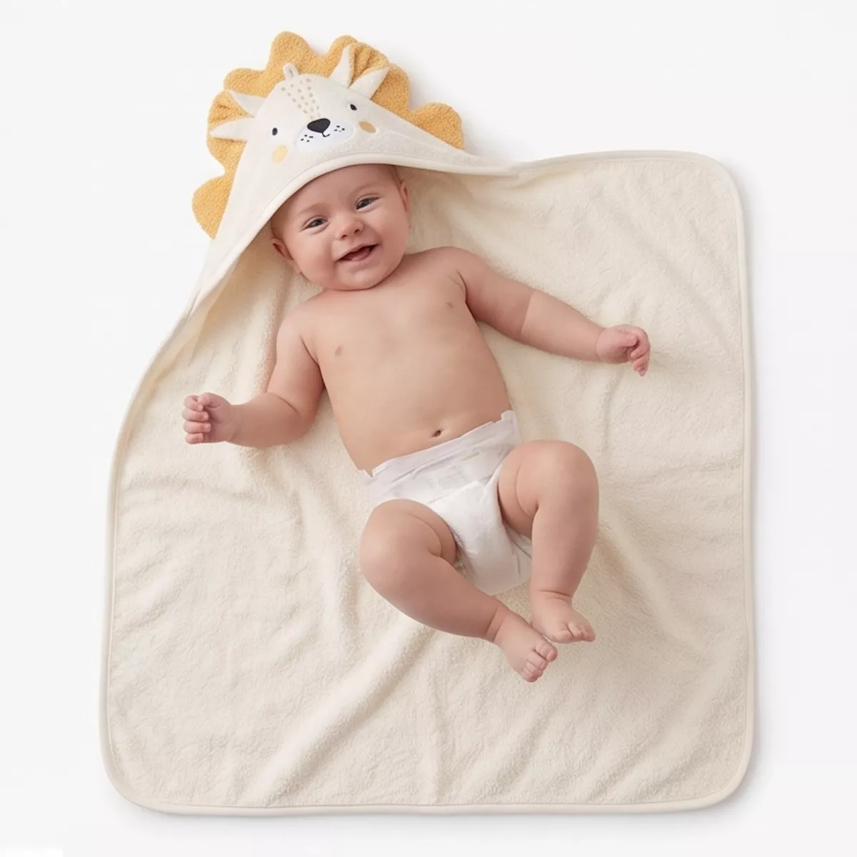 Cape de bain enfant pur coton 420 g/m² brodé beige jaune Petit lion angora
