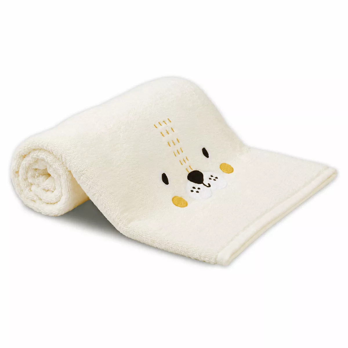 Drap de douche enfant pur coton 500 g/m² brodé beige jaune Petit lion angora