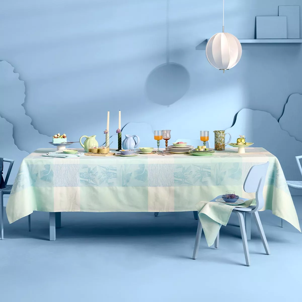 Nappe pur coton 220 g/m² motif jacquard beige bleu Mille iris d'eau aqua