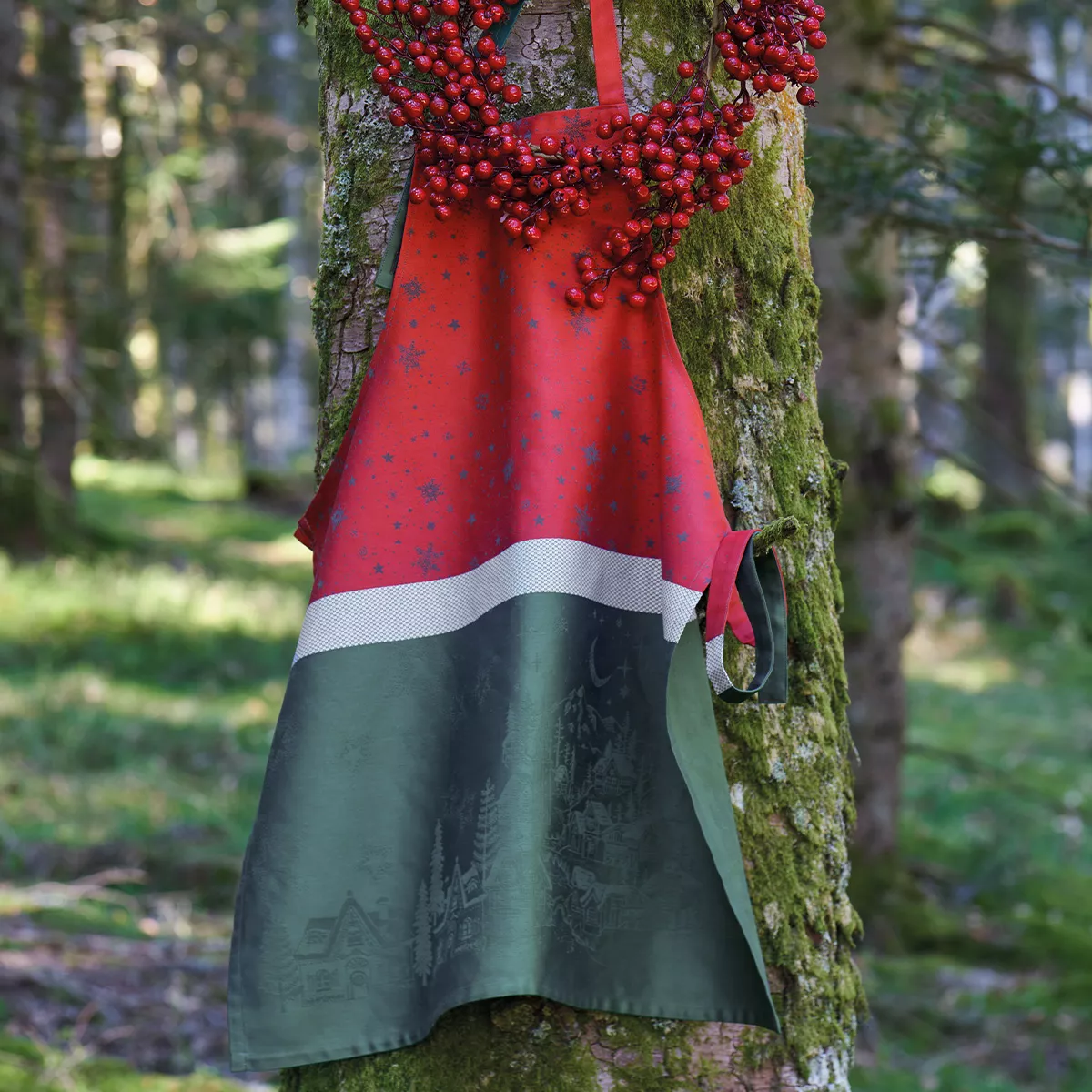 Tablier pur coton antitache 220 g/m² motif jacquard rouge vert Noel magique houx