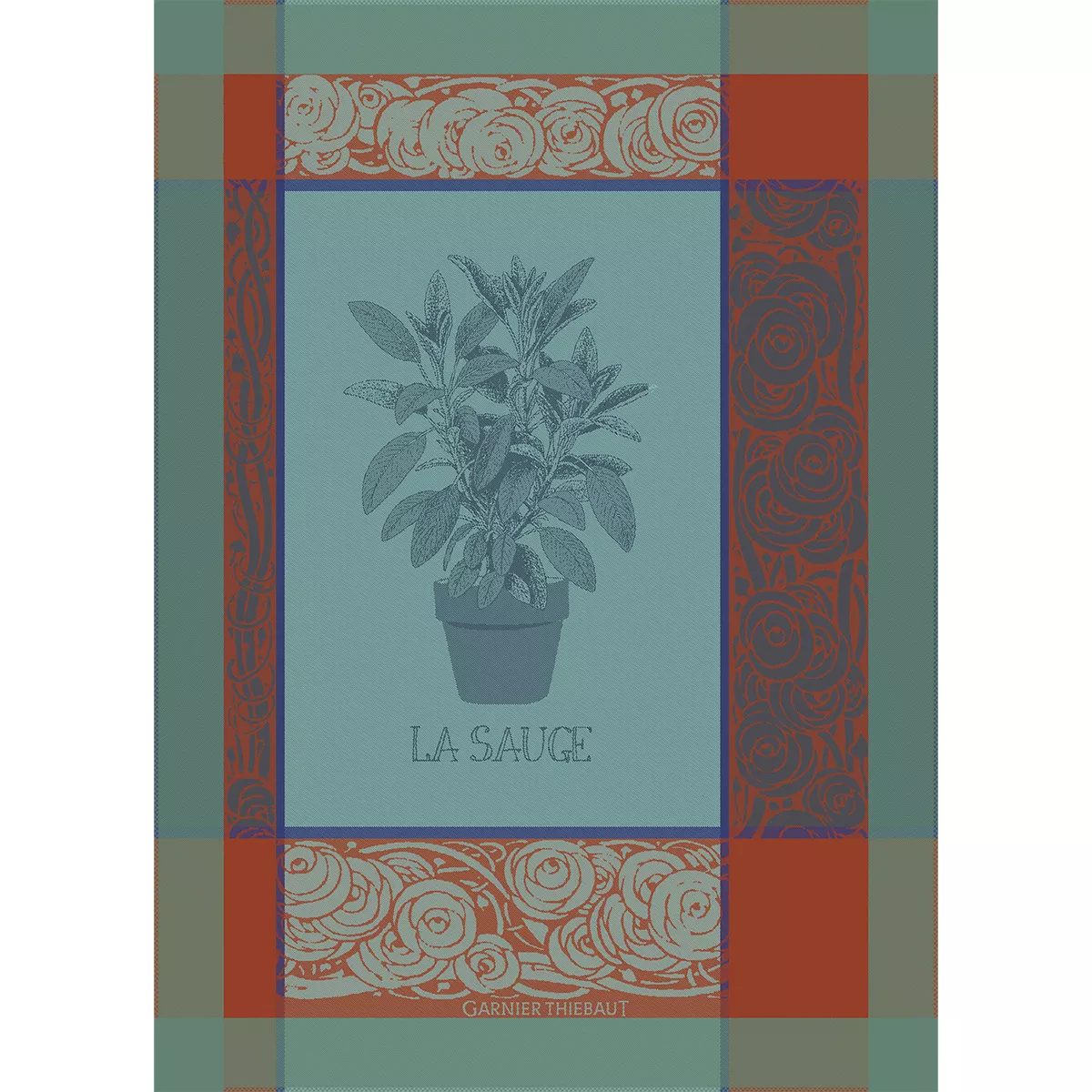 Torchon pur coton motif jacquard orange bleu La sauge givre