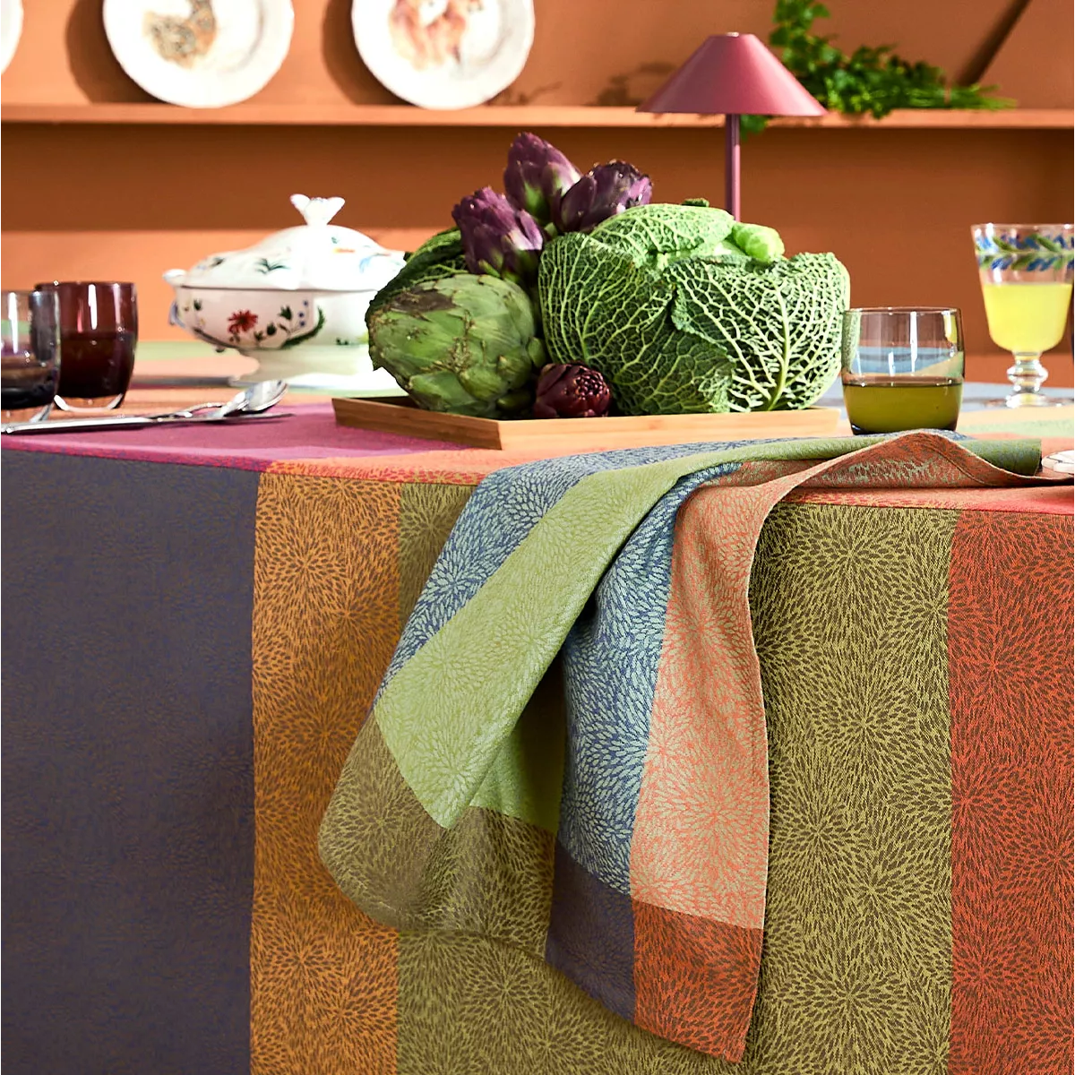 Serviette pur coton 220 g/m² motif jacquard orange vert Mille baies shetland