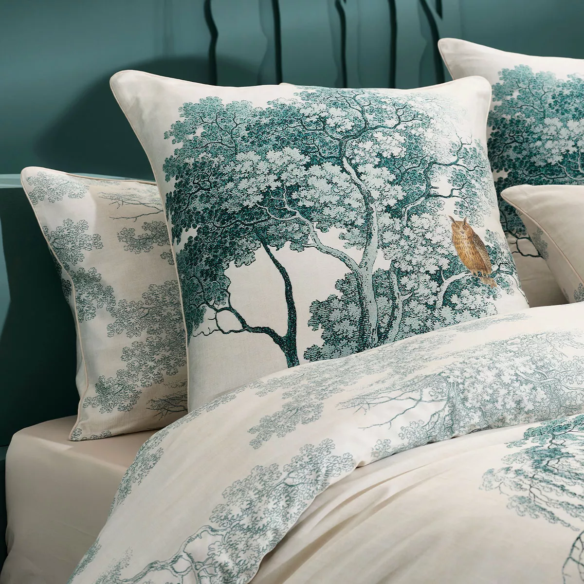 Taie d'oreiller satin de coton 115 g/m² imprimé beige bleu Utopie encre