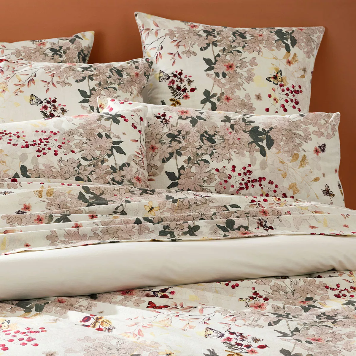 Lot de 2 taies percale de coton lavé 115 g/m² imprimé bordeaux beige Vintage flowers cranberry