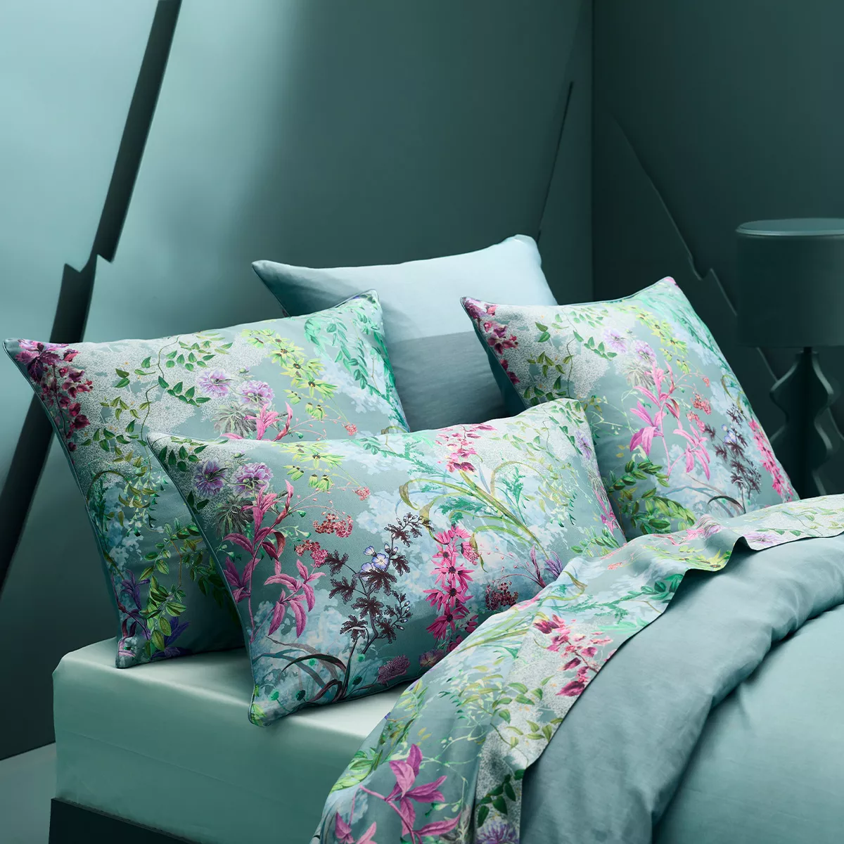 Lot de 2 taies satin de coton 90 fils/cm² 115 g/m² imprimé violet bleu Ombres boisees givre