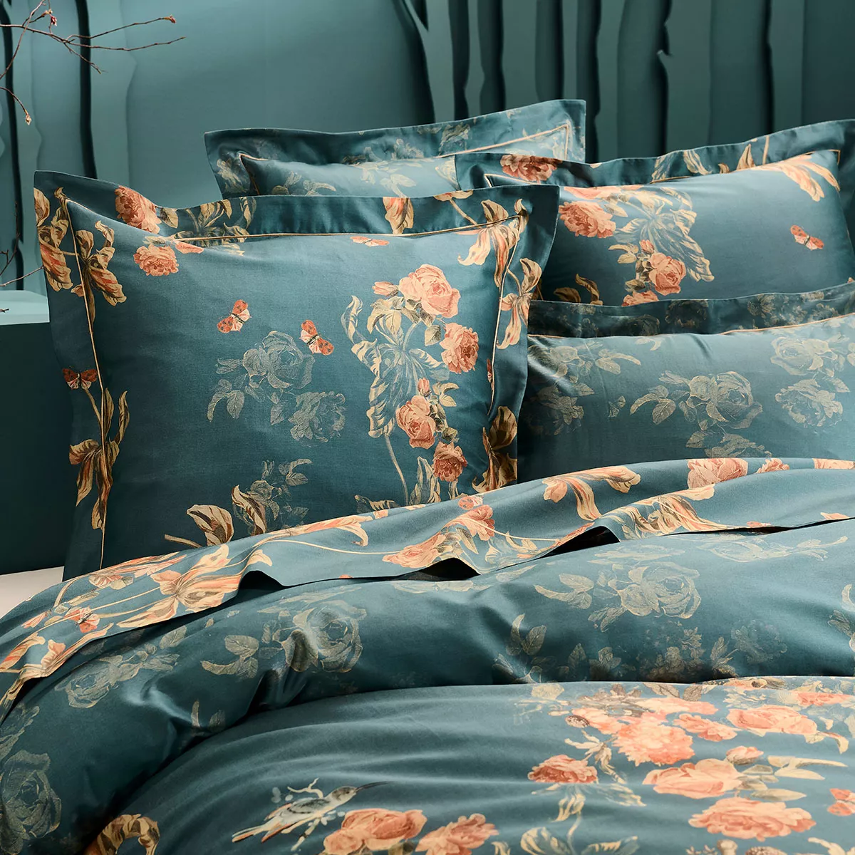 Taie d'oreiller satin de coton 115 g/m² imprimé orange vert Roses d'automne vert anglais