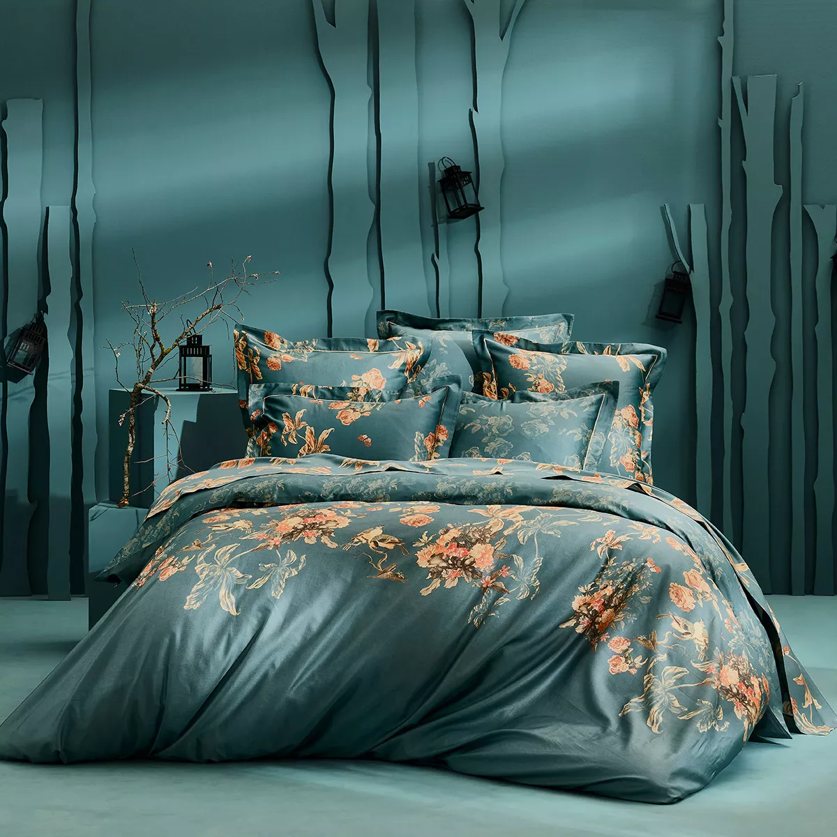 Housse de couette satin de coton 115 g/m² imprimé orange vert Roses d'automne vert anglais