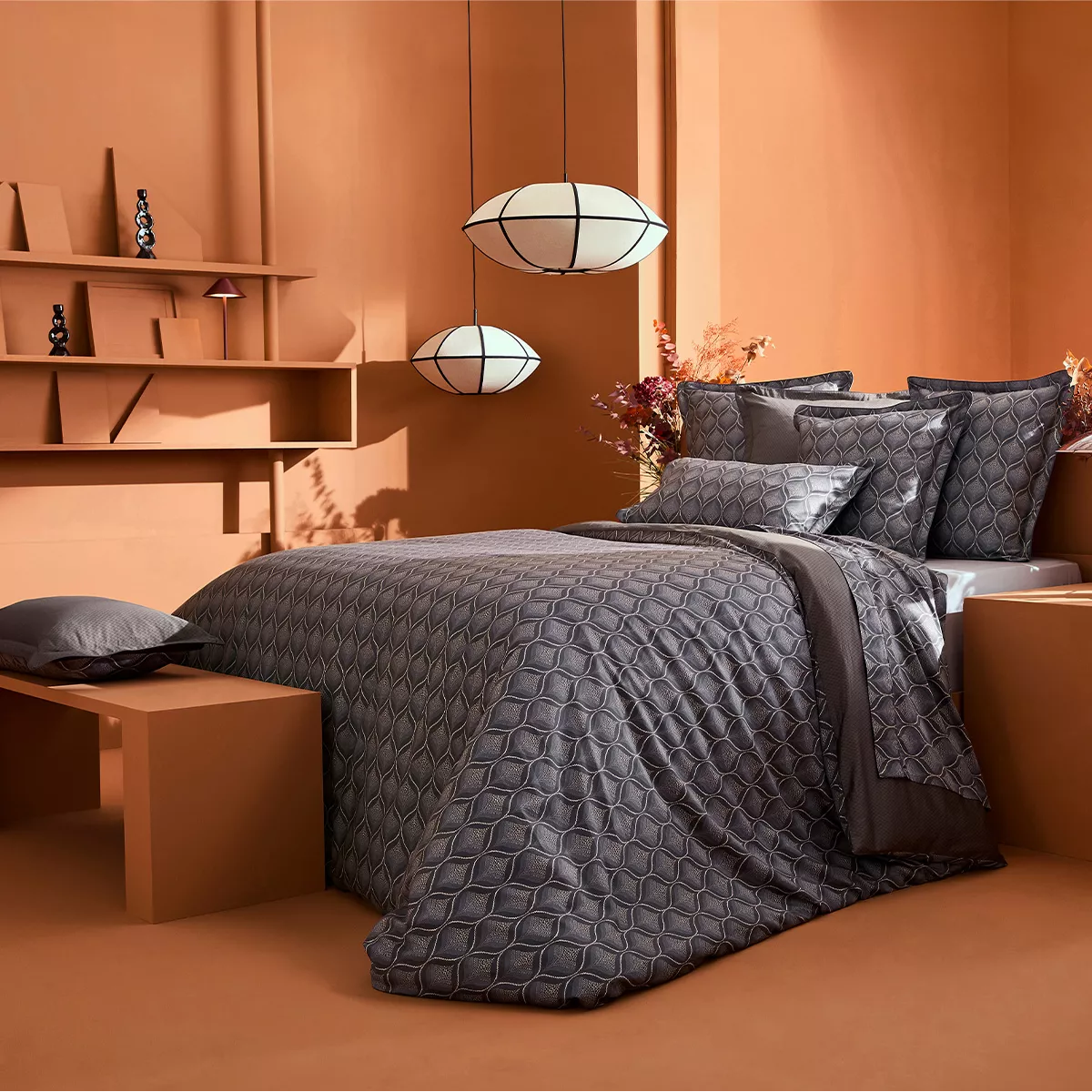 Parure de lit satin de coton 115 g/m² imprimé gris brun Tressages quartz