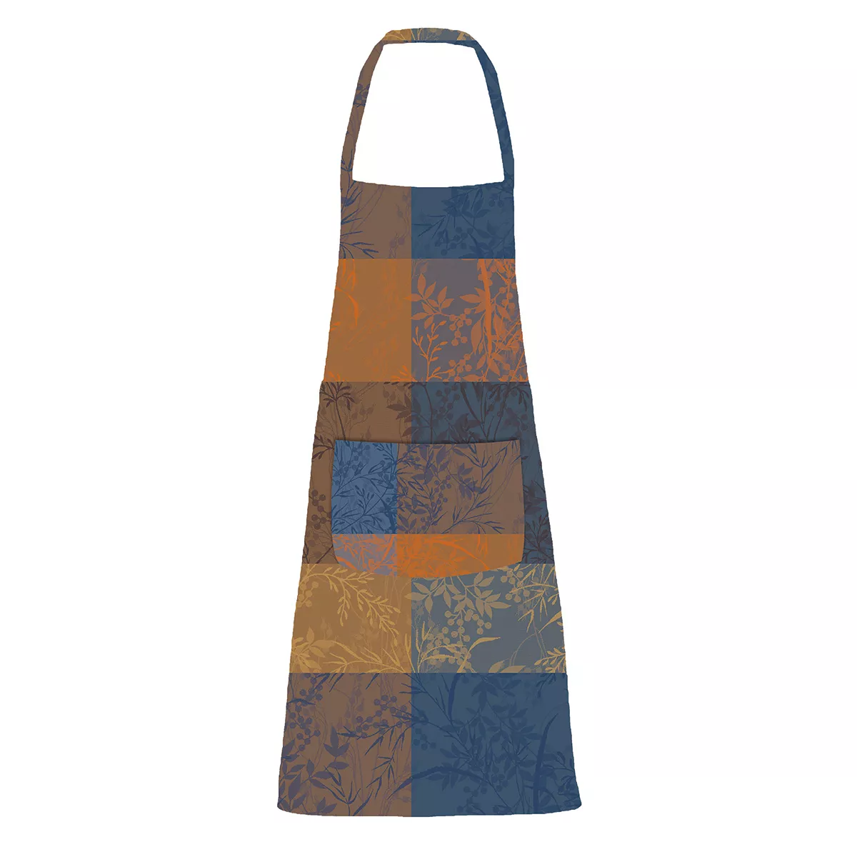 Tablier pur coton enduit 220 g/m² motif jacquard bleu brun Mille branchages crepuscule