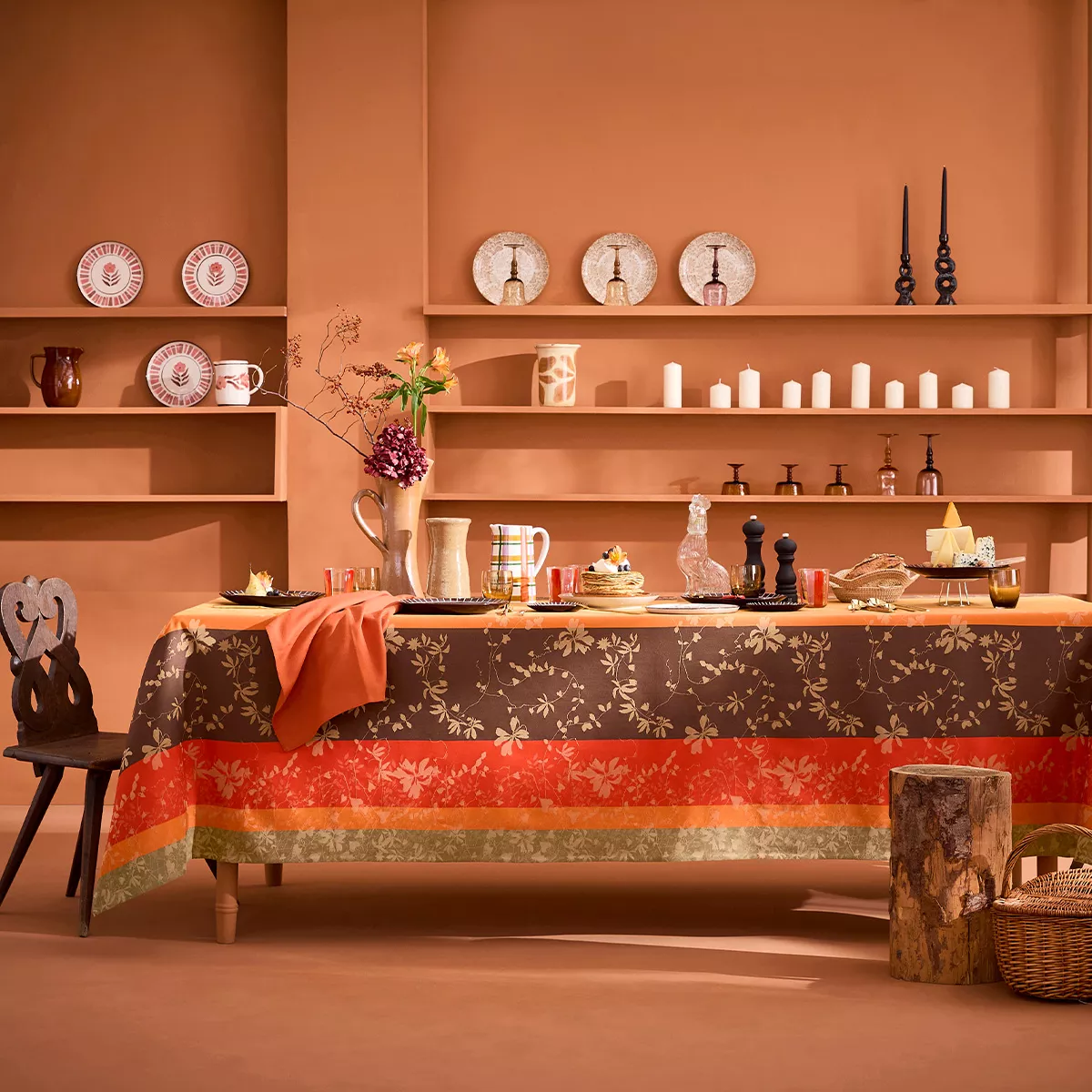 Nappe pur coton 220 g/m² motif jacquard marron orange Mille lierres automne