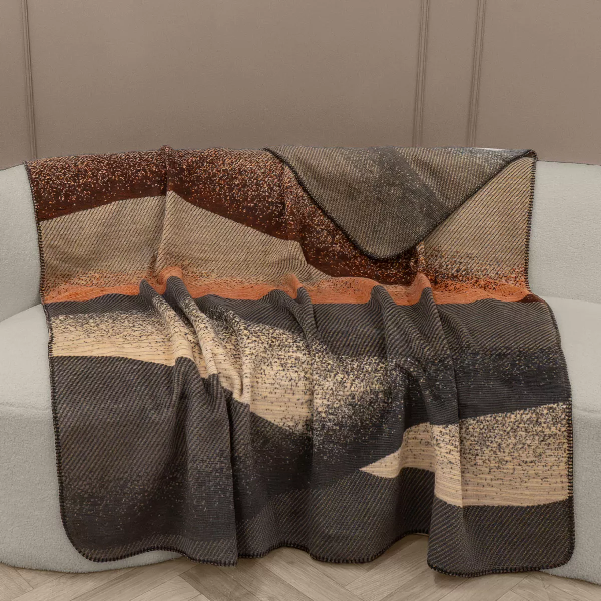 Plaid coton mélangé 415 g/m² motif jacquard gris orange Sea waves brique