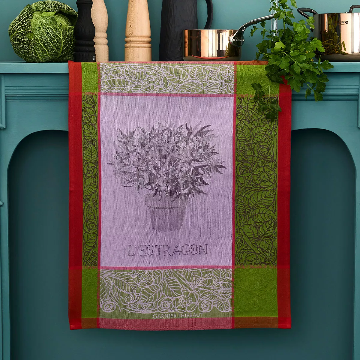 Torchon pur coton motif jacquard violet vert Estragon mousse