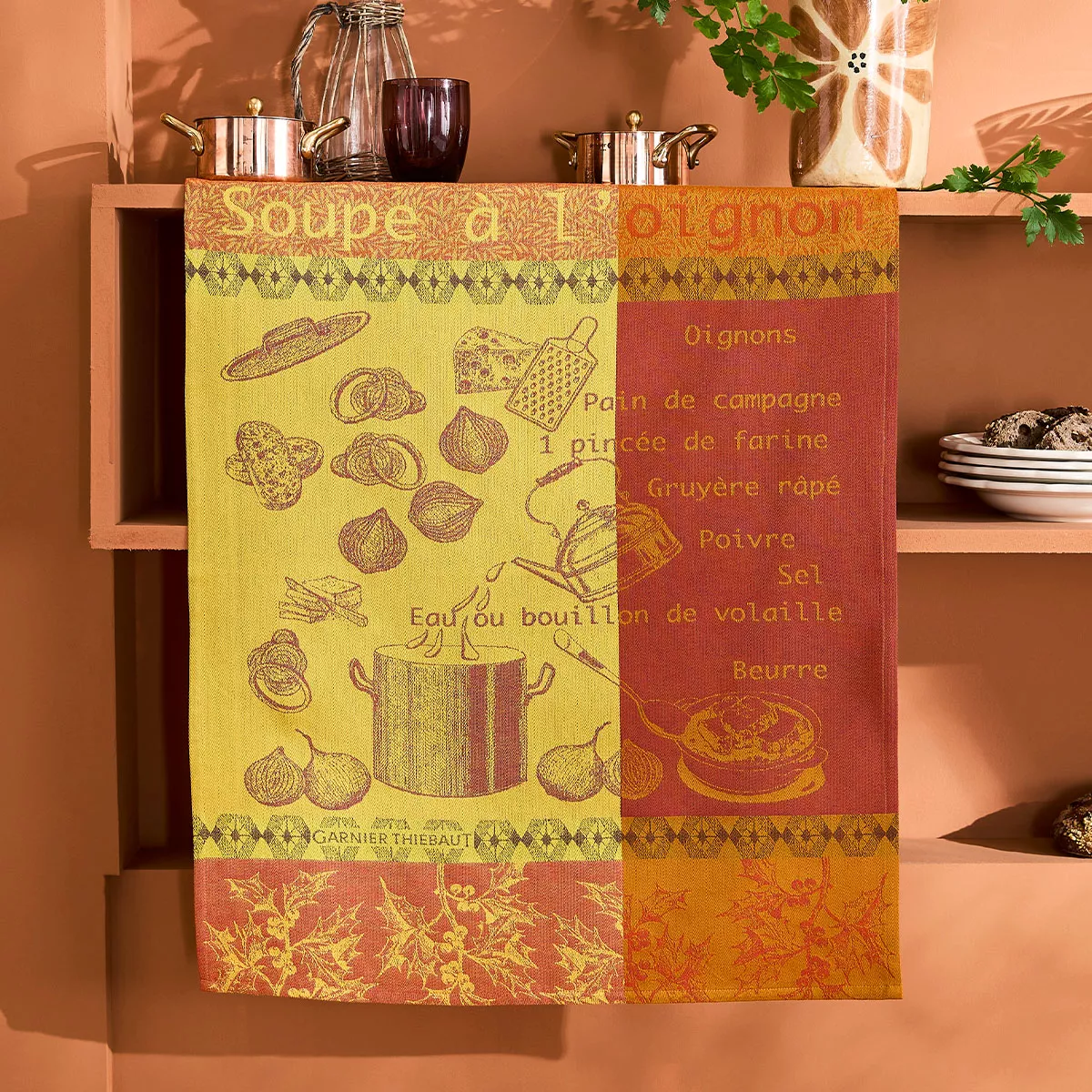 Torchon pur coton motif jacquard orange bordeaux Soupe a l'oignon rouille