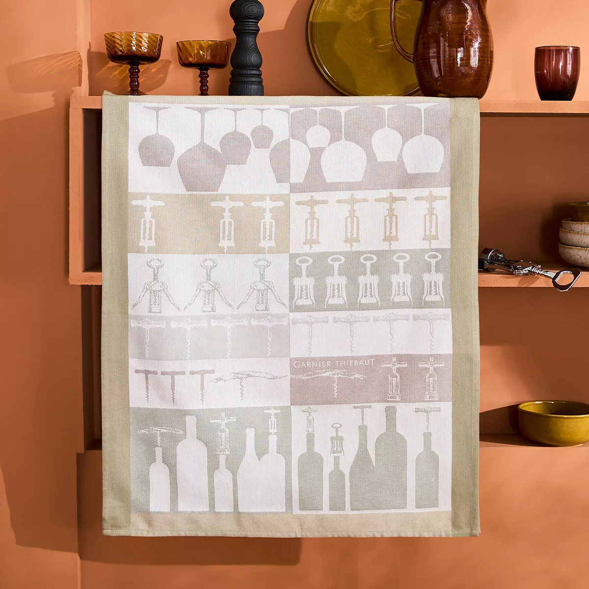 Torchon pur coton motif jacquard ecru beige Sommelier beige