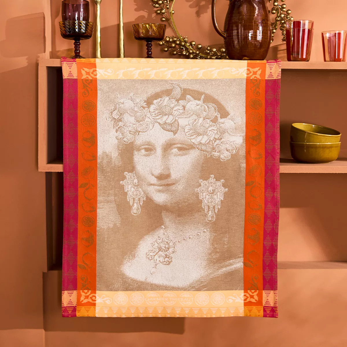 Torchon pur coton motif jacquard orange bordeaux Mona lisa cuivre