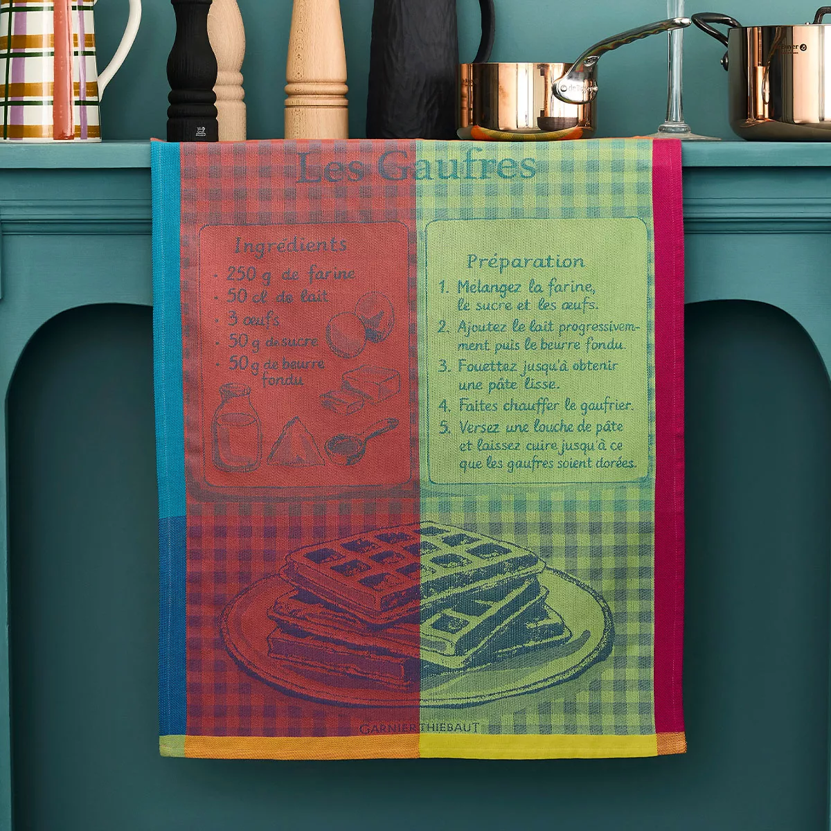 Torchon pur coton motif jacquard vert rose Les gaufres gourmand
