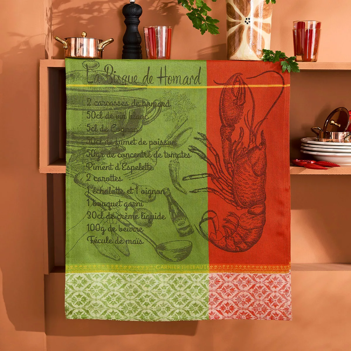 Torchon pur coton motif jacquard vert rouge Bisque de homard mousse