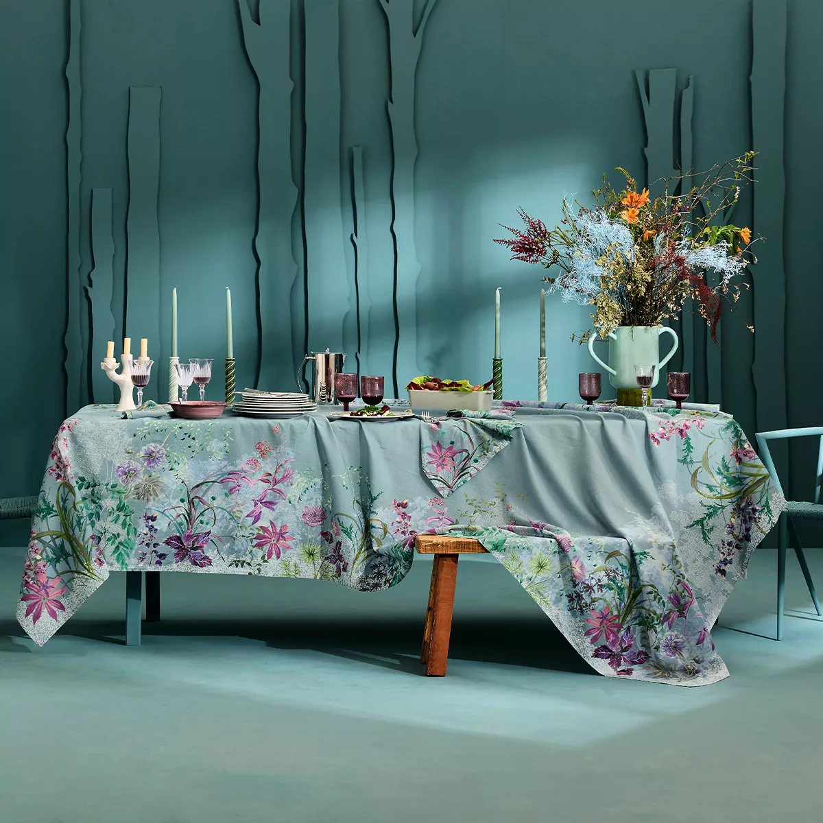 Linge de table lin & coton lavé 150 g/m² imprimé bleu violet Ombres boisees givre