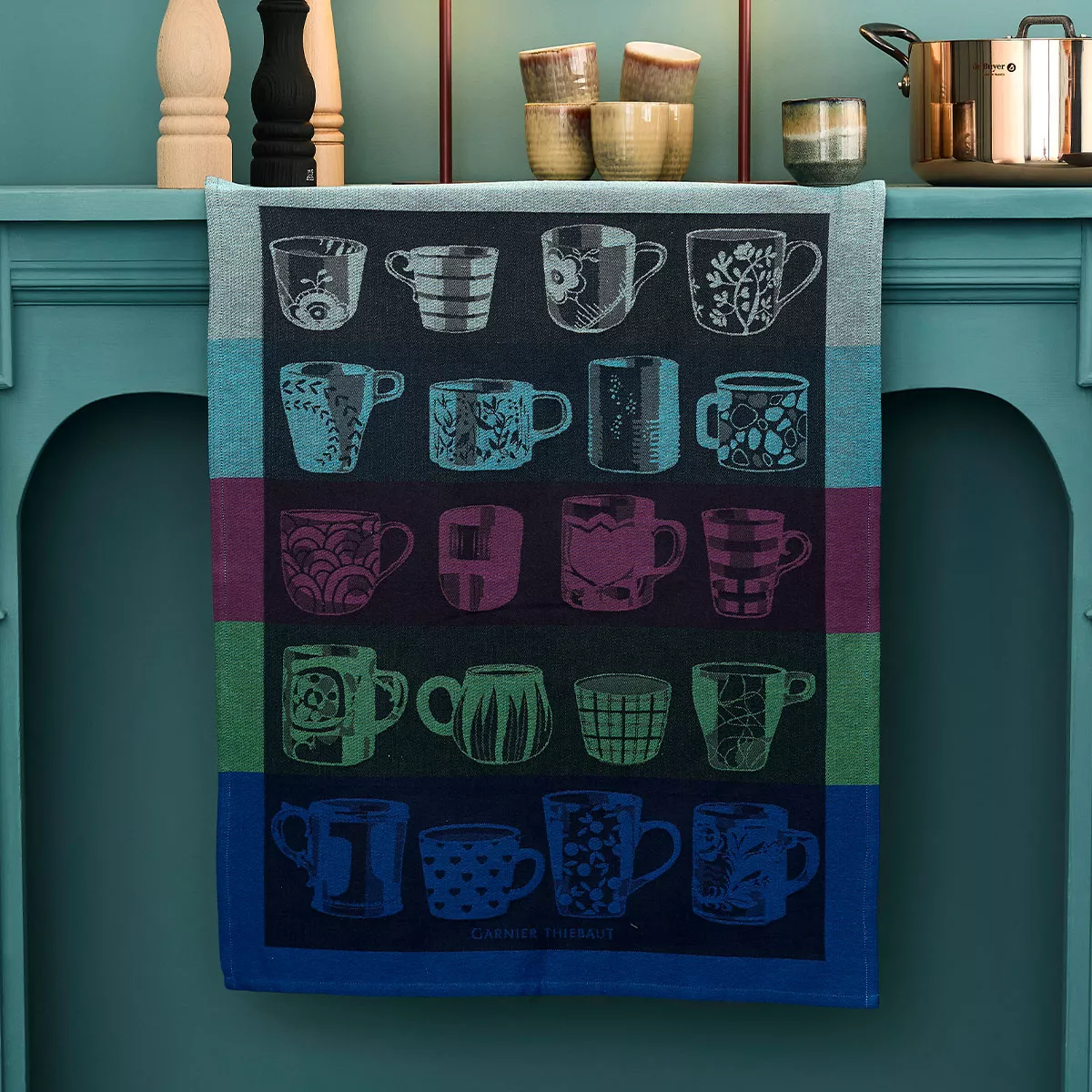 Torchon pur coton motif jacquard anthracite bleu Les mugs nocturne