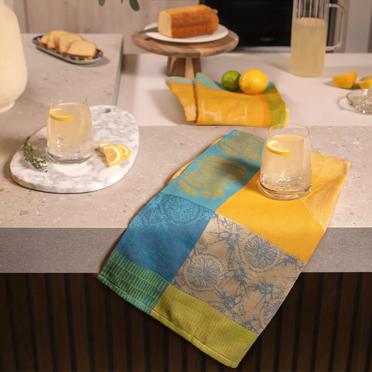 Torchon pur coton motif jacquard jaune Limonade au thym soleil