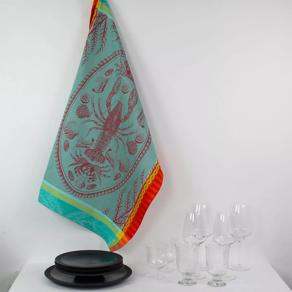 Torchon pur coton motif jacquard multicolore Maree basse lagon