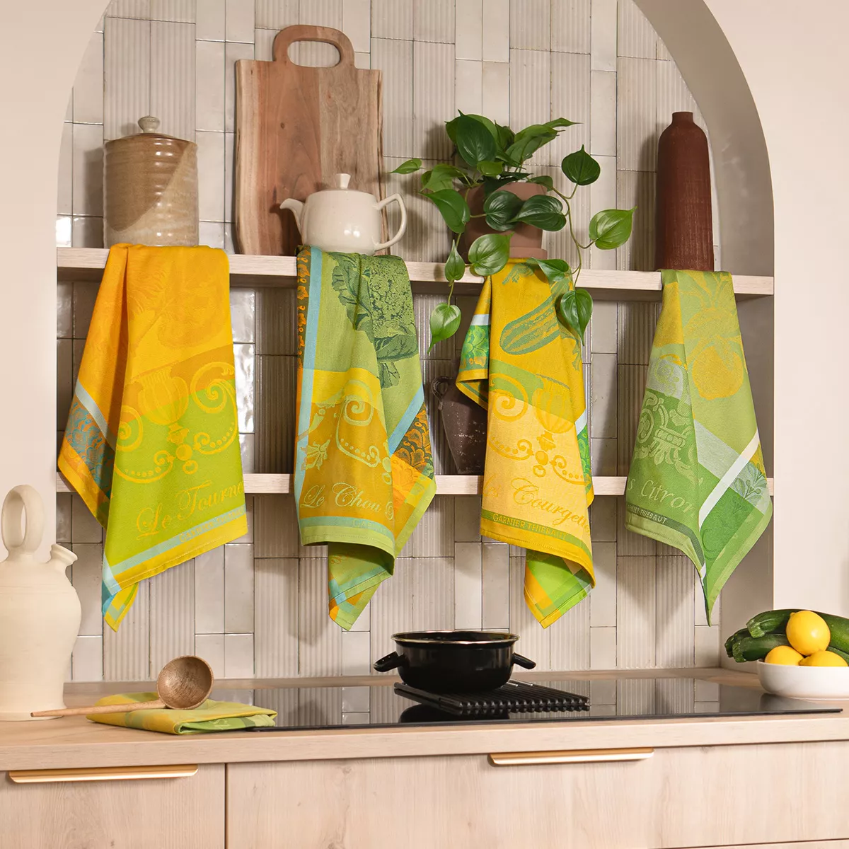 Torchon pur coton motif jacquard vert jaune Citron zeste