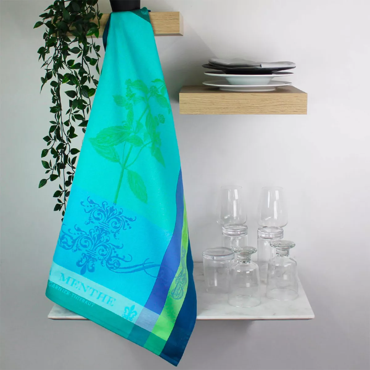 Torchon pur coton motif jacquard vert bleu Brin de menthe chlorophylle