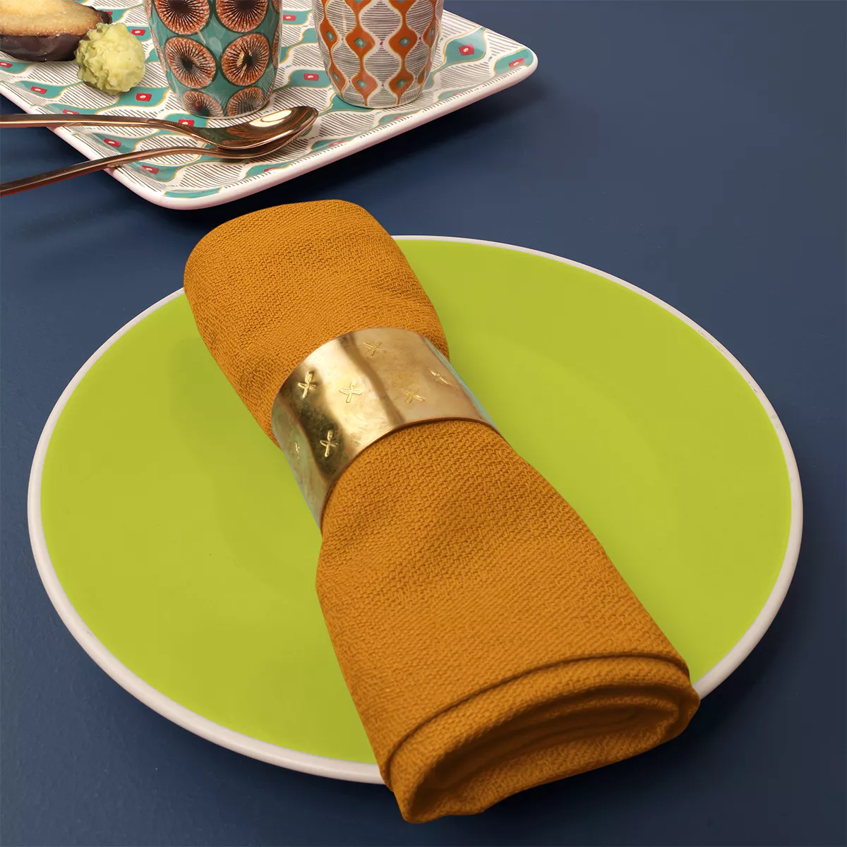 Serviette pur coton motif jacquard orange jaune Bastide ocre