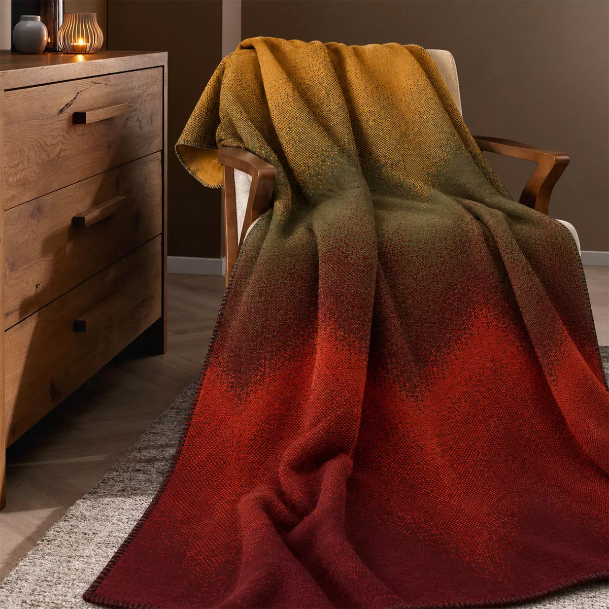 Plaid coton mélangé 415 g/m² motif jacquard jaune rouge Wavy feuillage