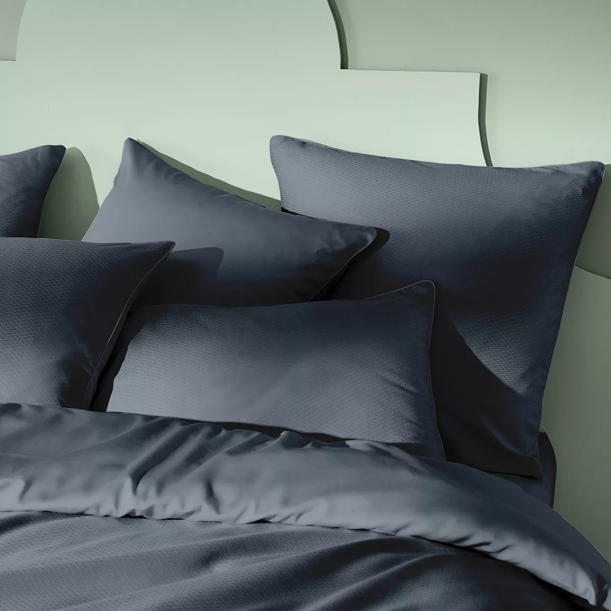 Taie d'oreiller satin de coton motif jacquard bleu Vibrato bleu nuit