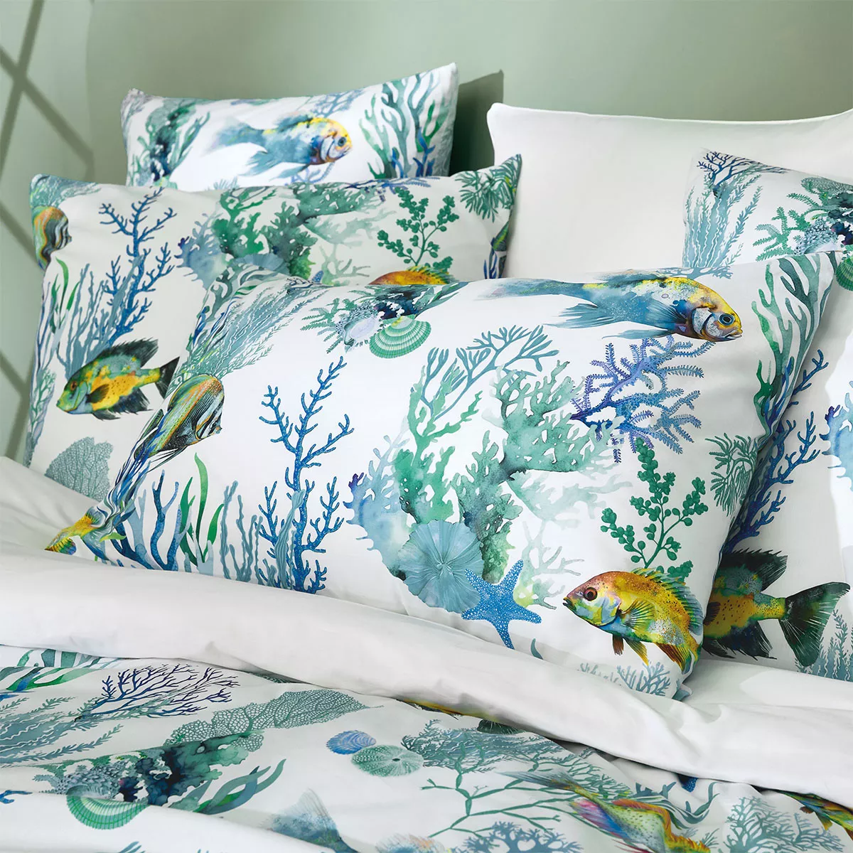 Lot de 2 taies percale de coton imprimé blanc bleu Naia blanc