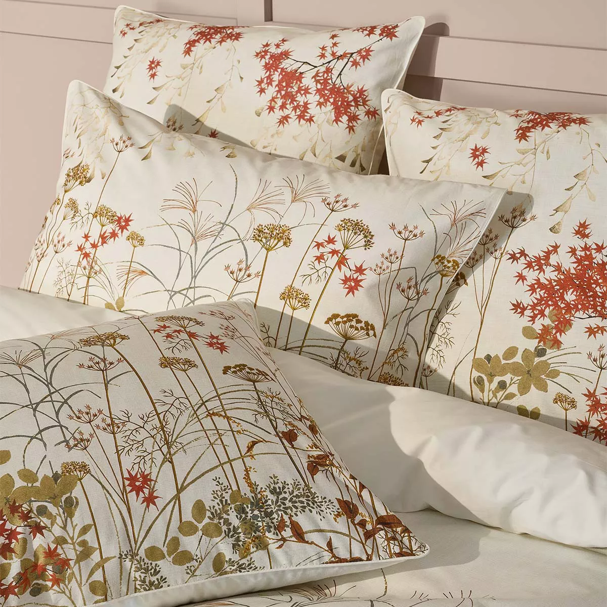 Lot de 2 taies percale de coton imprimé orange beige Erables automne