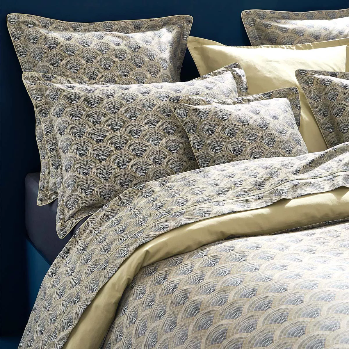 Taie d'oreiller satin de coton imprimé beige Eventails argile