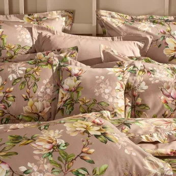 Taie d'oreiller satin de coton imprimé rose Magnolias rose fume