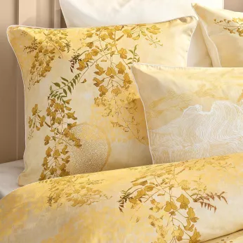 Taie d'oreiller satin de coton imprimé jaune or Soleil d'or dore
