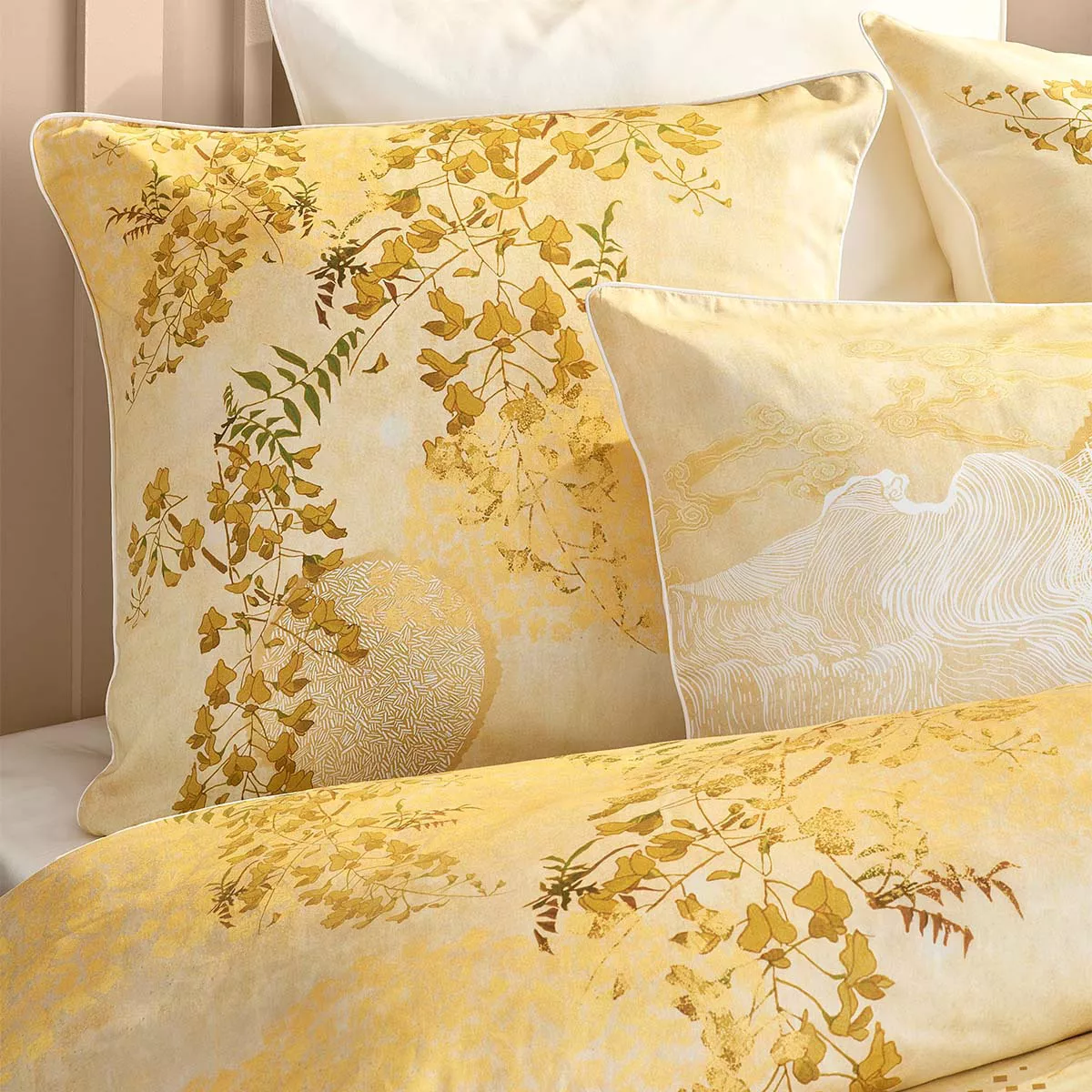 Taie d'oreiller satin de coton imprimé jaune or Soleil d'or dore