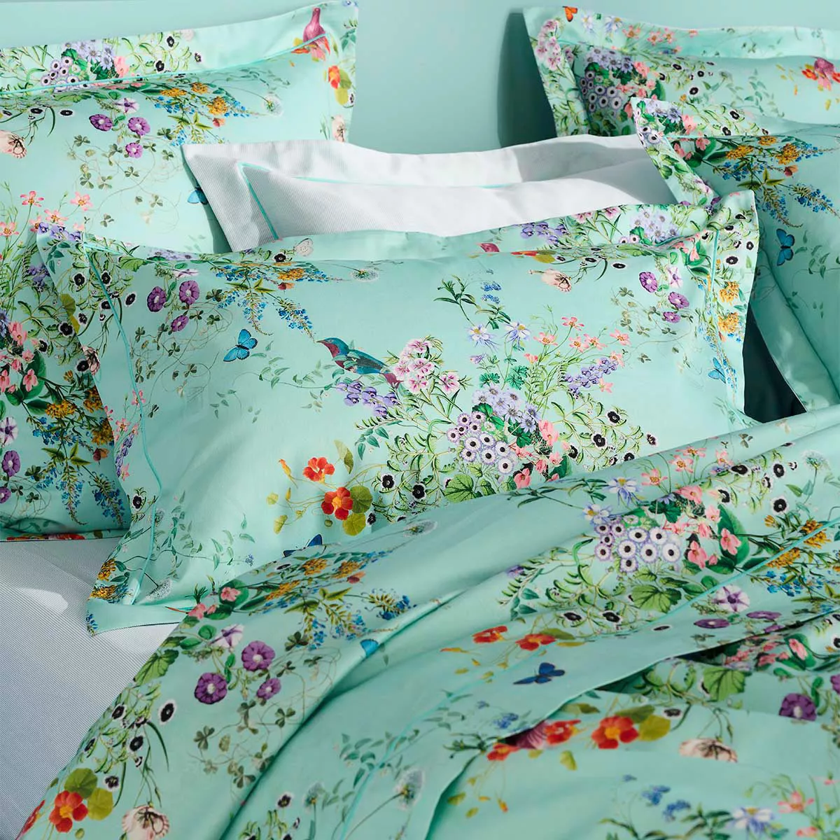 Taie d'oreiller satin de coton 115 g/m² imprimé vert bleu Le printemps azur