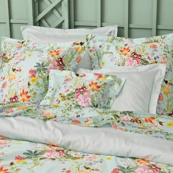 Taie d'oreiller satin de coton imprimé multicolore Primavera vert d'eau