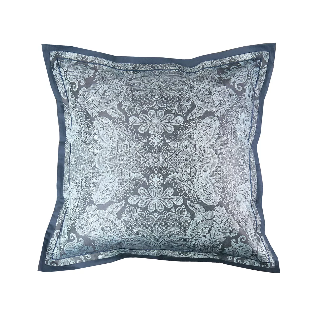 Taie d'oreiller satin de coton motif jacquard bleu Isaphire diamant noir
