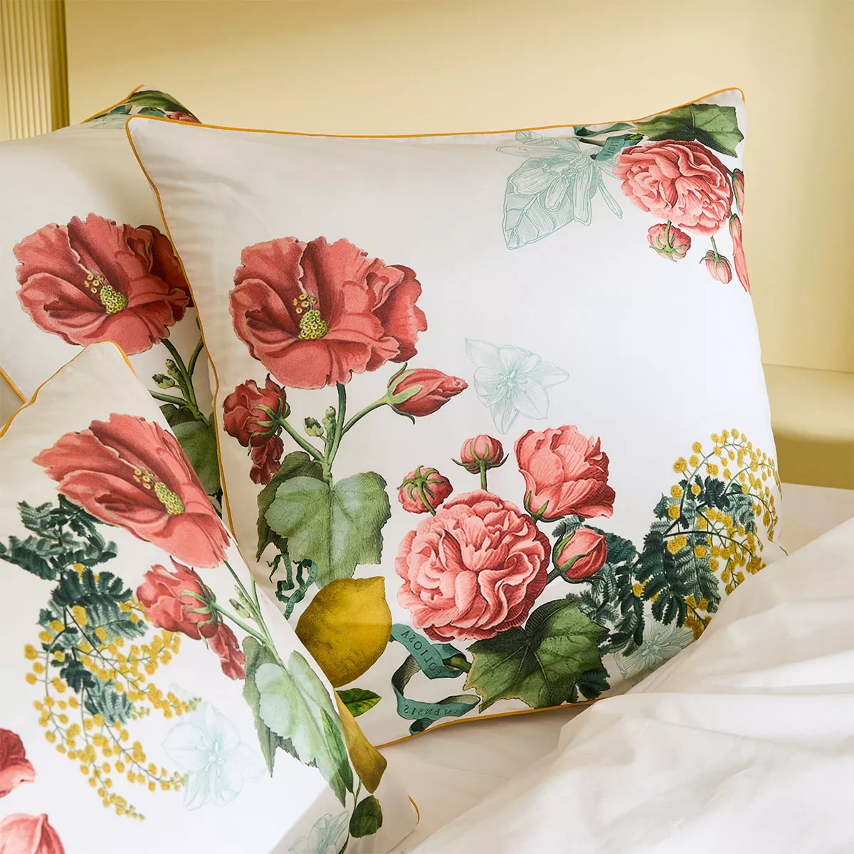 Taie d'oreiller percale de coton lavé imprimé rose jaune Citrons de menton romance