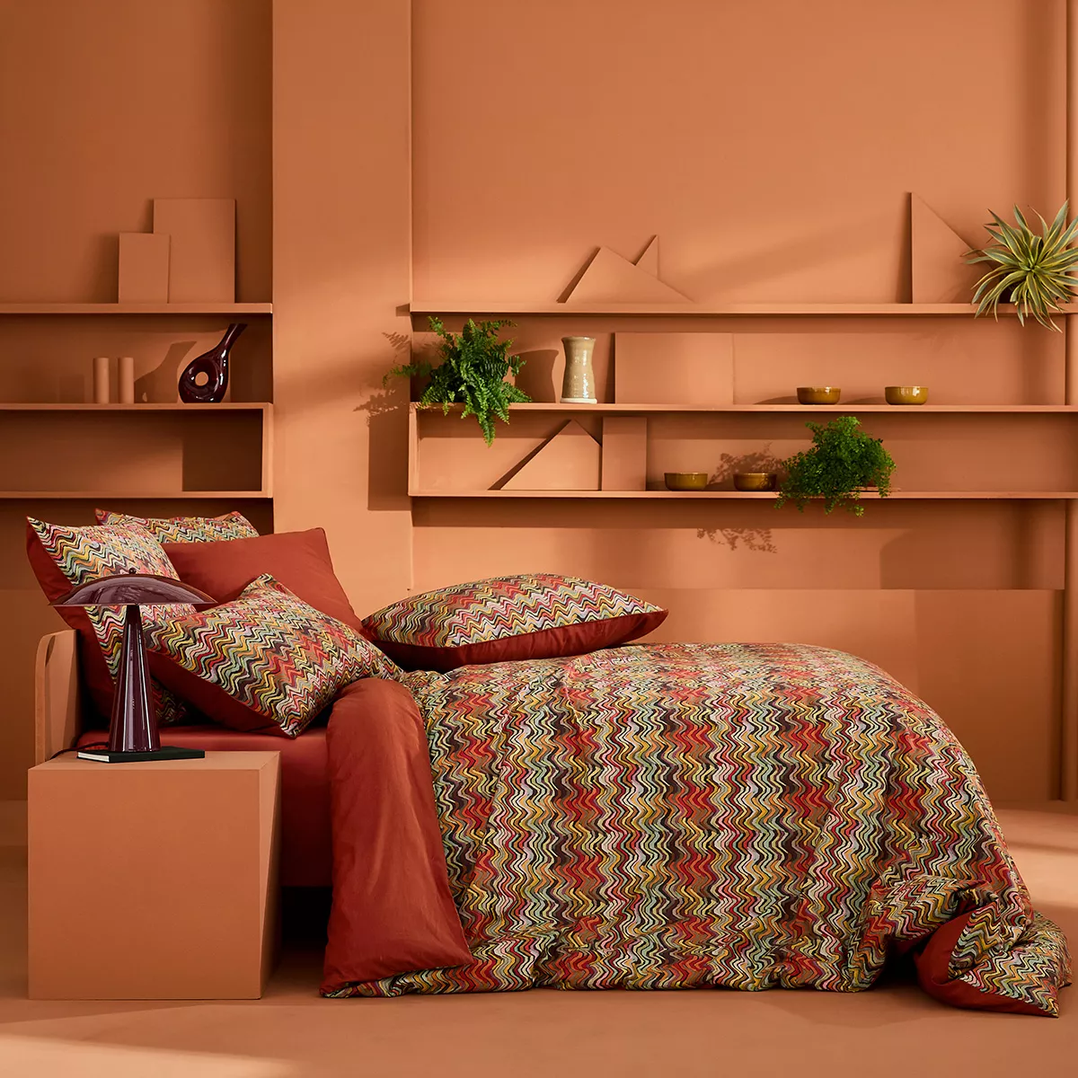 Lot h.couette +taies percale de coton 115 g/m² imprimé orange brun Wavy pop