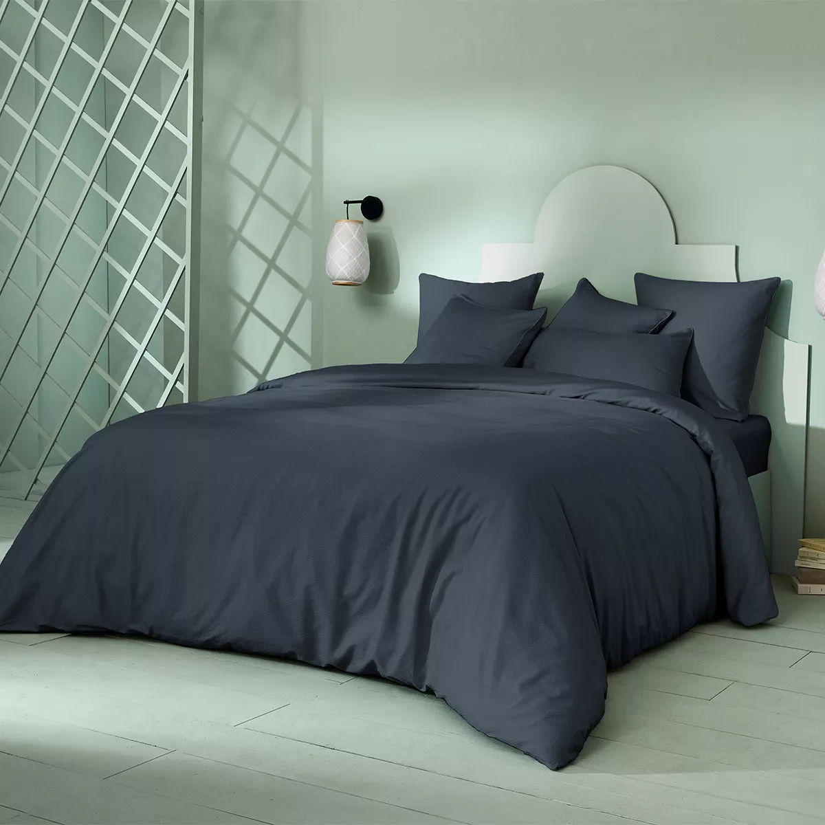 Housse de couette satin de coton motif jacquard bleu Vibrato bleu nuit