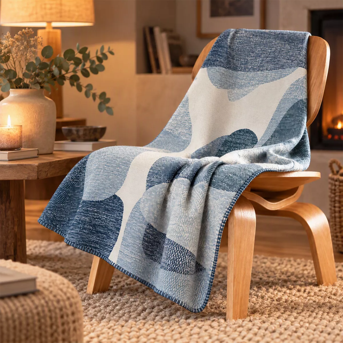 Plaid coton mélangé 415 g/m² motif jacquard bleu gris Aqua blu